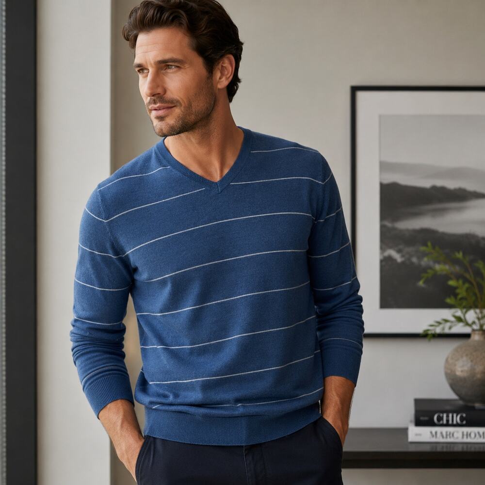 Banana Republic Silk Cashmere V-Neck Sweater Blue Stripe Luxury Blend Medium